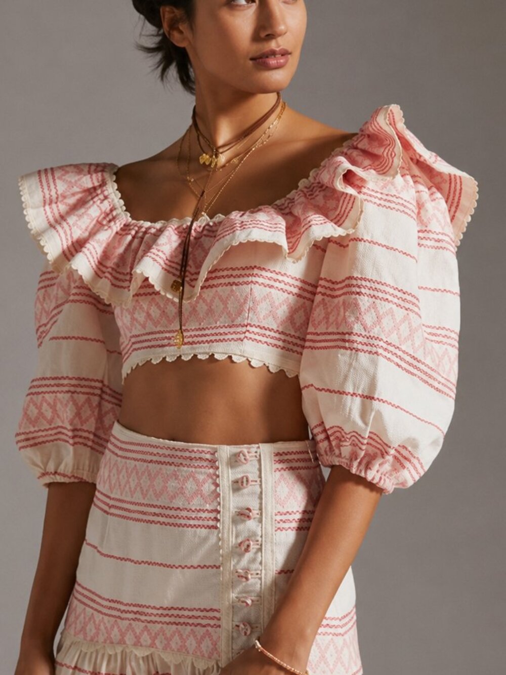 RAISSA Anthropologie Ruffled Cropped Blouse Pink Ivory Balloon Sleeve Top NWT S